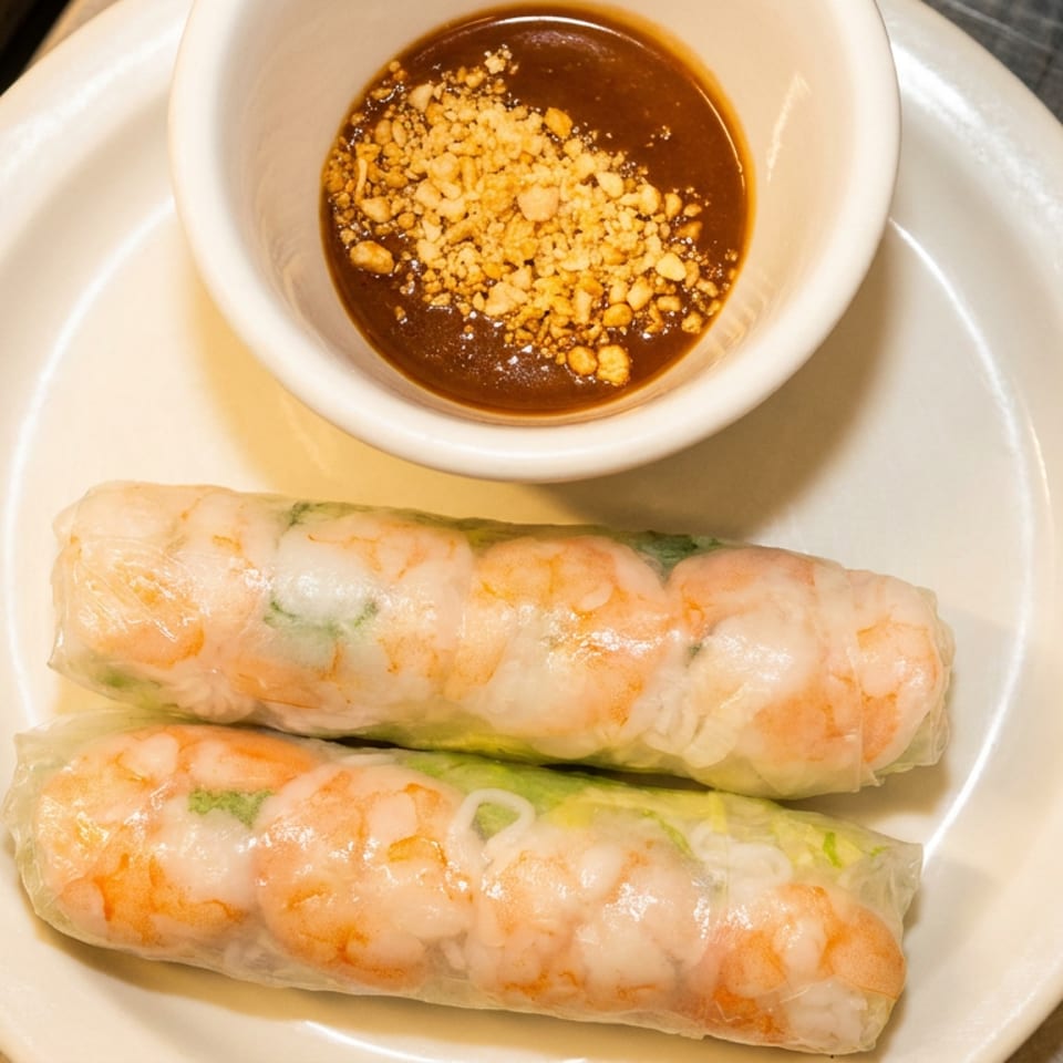 Two fresh shrimp spring rolls and a bowl of peanut dipping sauce on a white plate.