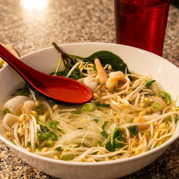 Shrimp and seafood pho with bean sprouts, lime, and a red spoon, next to two drinks.