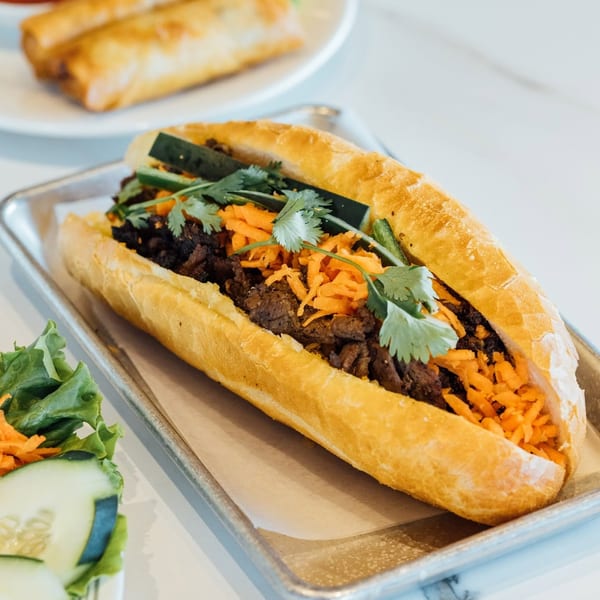 Vietnamese Banh Mi sandwich with grilled meat, shredded carrots, cilantro, and cucumber, plus spring rolls.