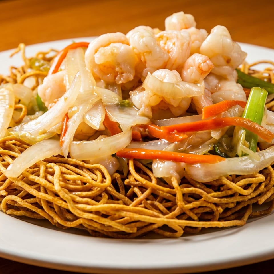Golden crispy noodles topped with stir-fried shrimp, sliced onions, and carrots on a white plate.